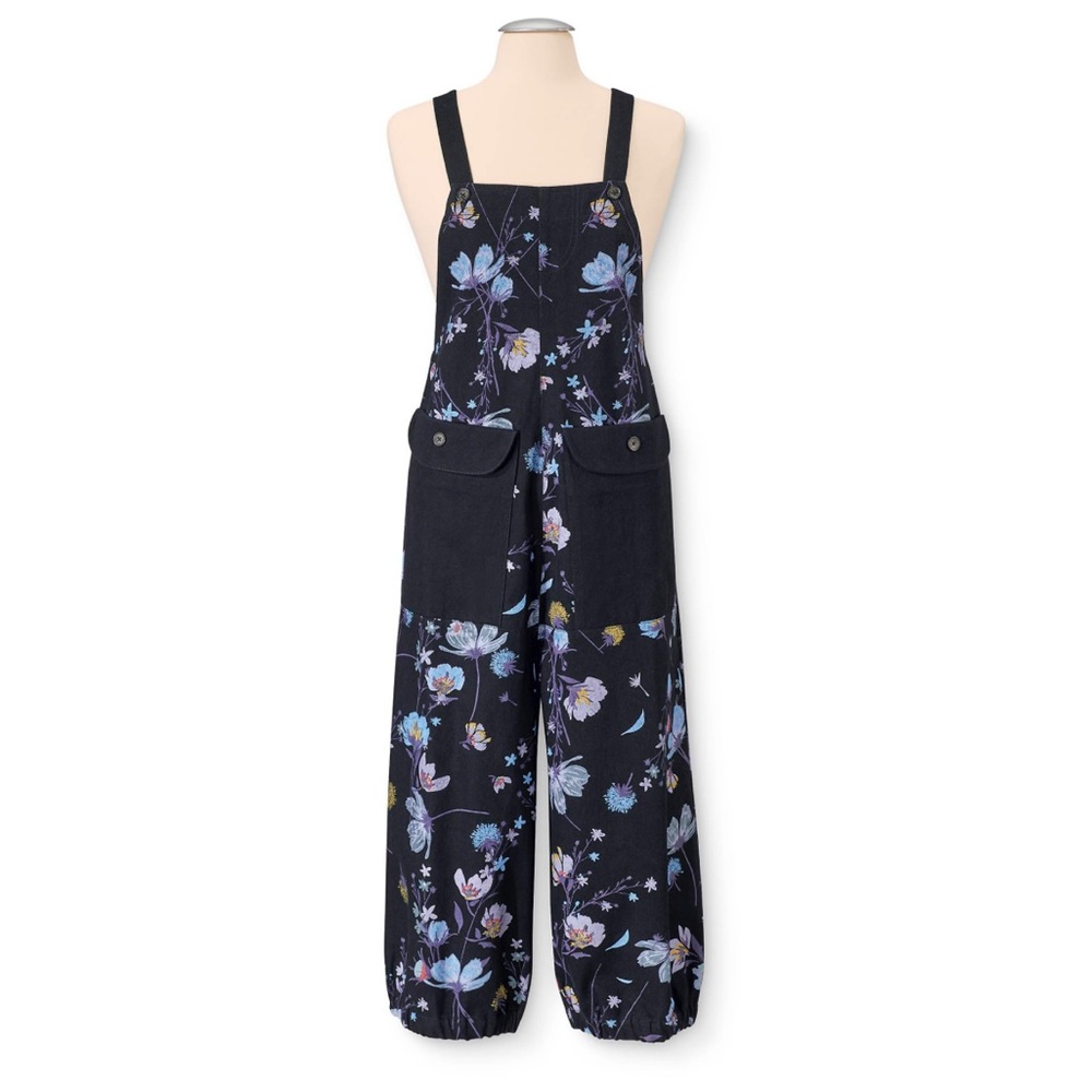 The Pyramid Collection Oversized Blue Floral Wide Leg Cropped Denim Overalls XS